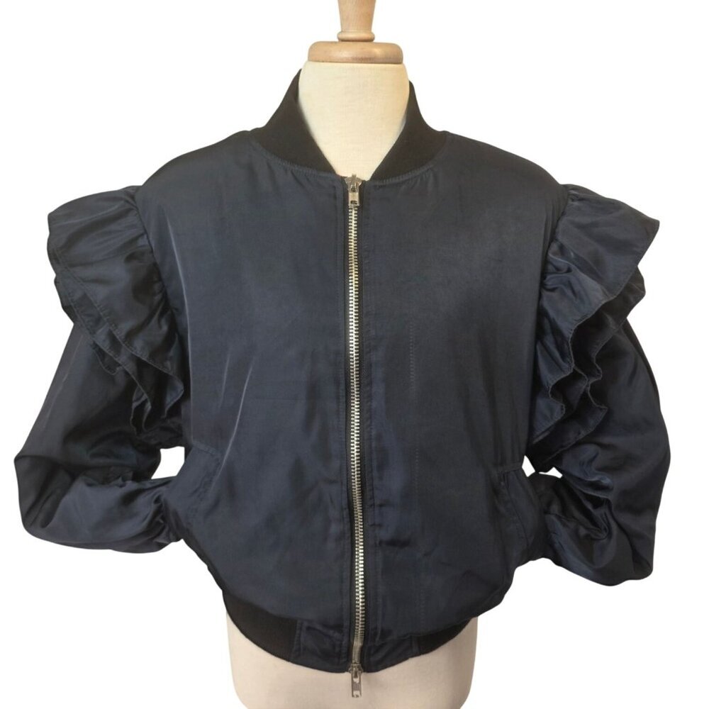 MABLE Ruffle Shoulder Bomber Jacket Womens Sz L Navy Silver Full Zip Cropped - Picture 4 of 13